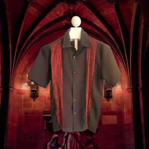 Black Button-down Bowling Style Shirt with Skull Detail